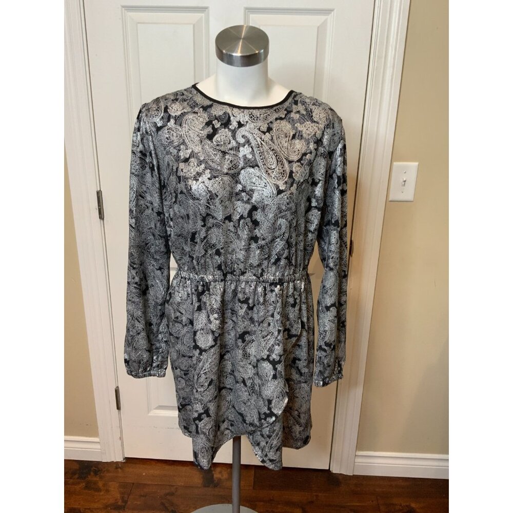 Michael Kors Black & Silver Long Sleeve Paisley Mini Dress, NWT! Size Large